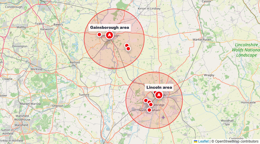 Map showing DMSM lesson coverage zones around Gainsborough and Lincoln