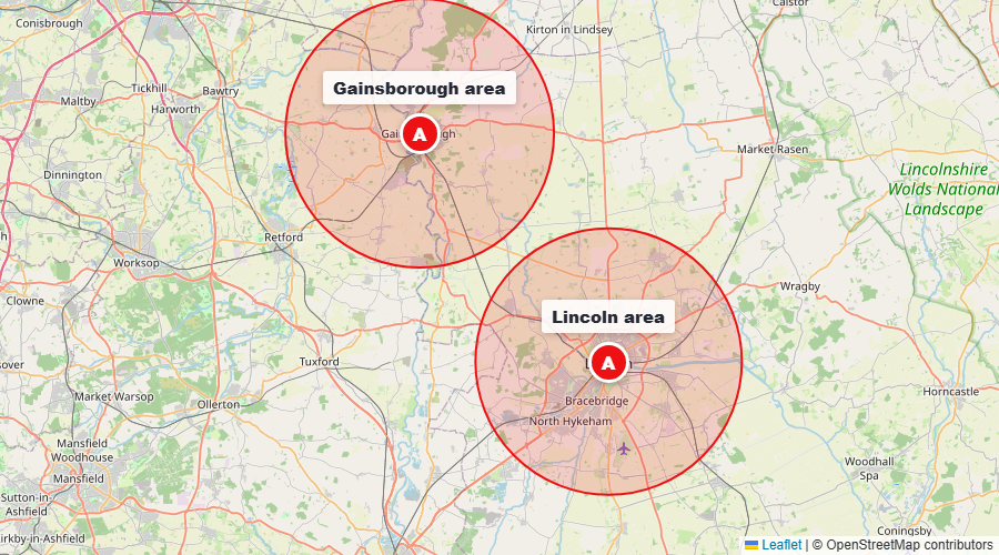 Map showing DMSM lesson coverage zones around Gainsborough and Lincoln