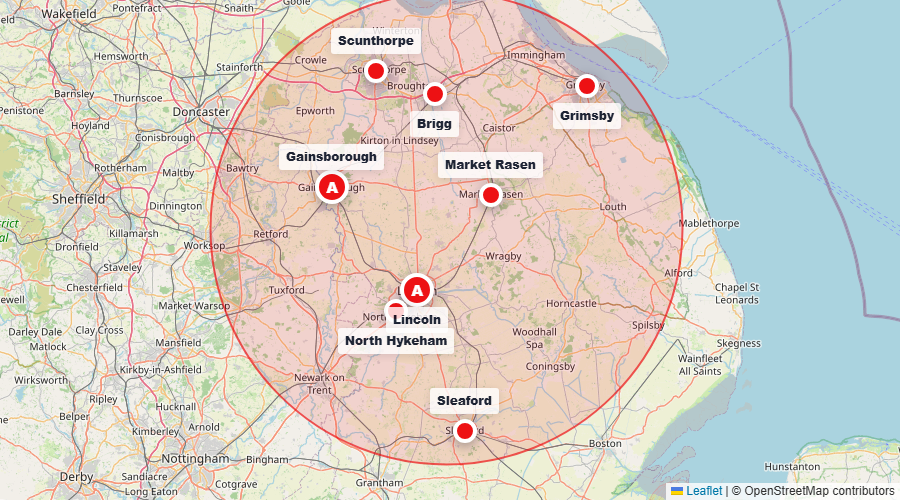 Map showing DMSM lesson coverage around Gainsborough, Lincoln, Brigg, Market Rasen, Scunthorpe, Grimsby, Sleaford and North Hykeham