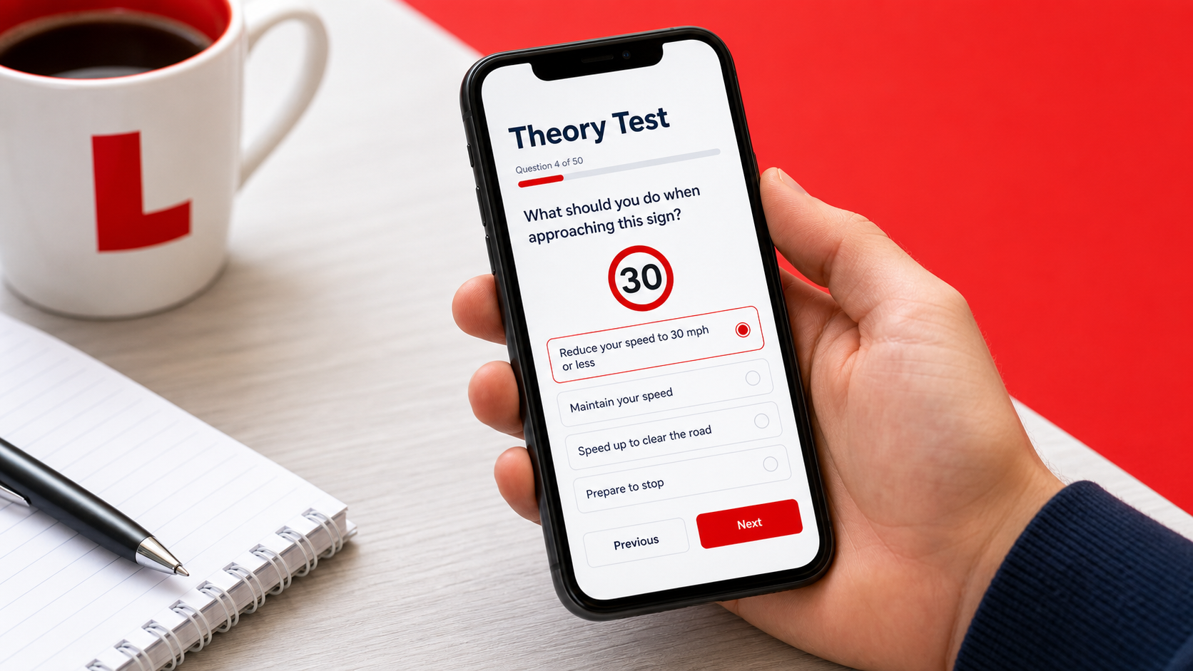 Phone showing theory test app