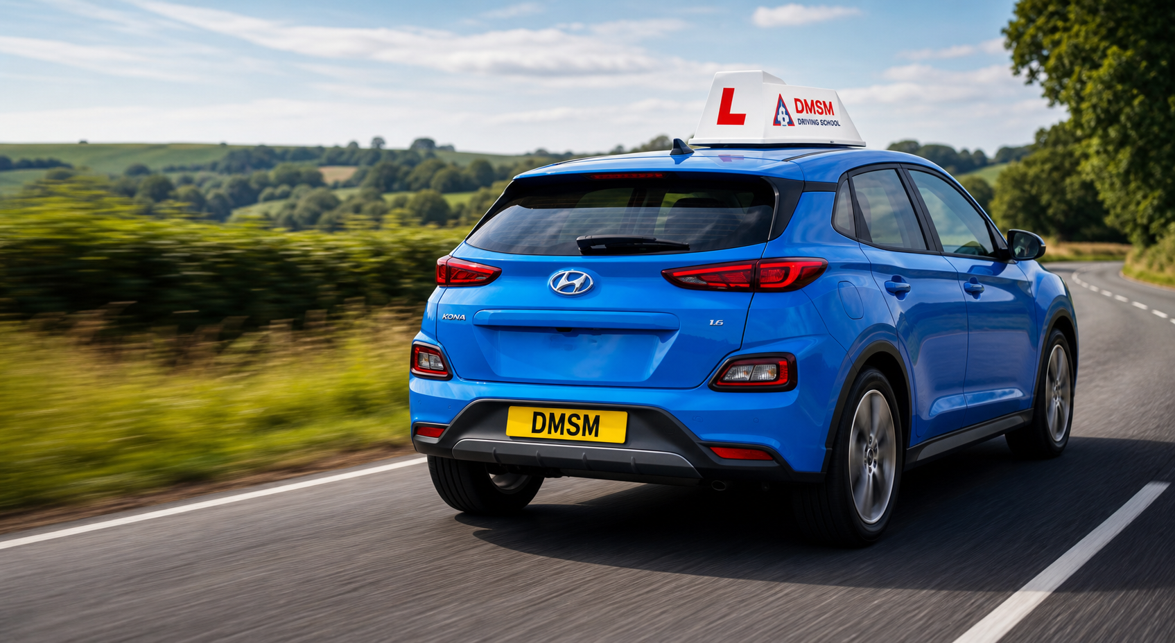 Blue DMSM automatic learner car on a country road