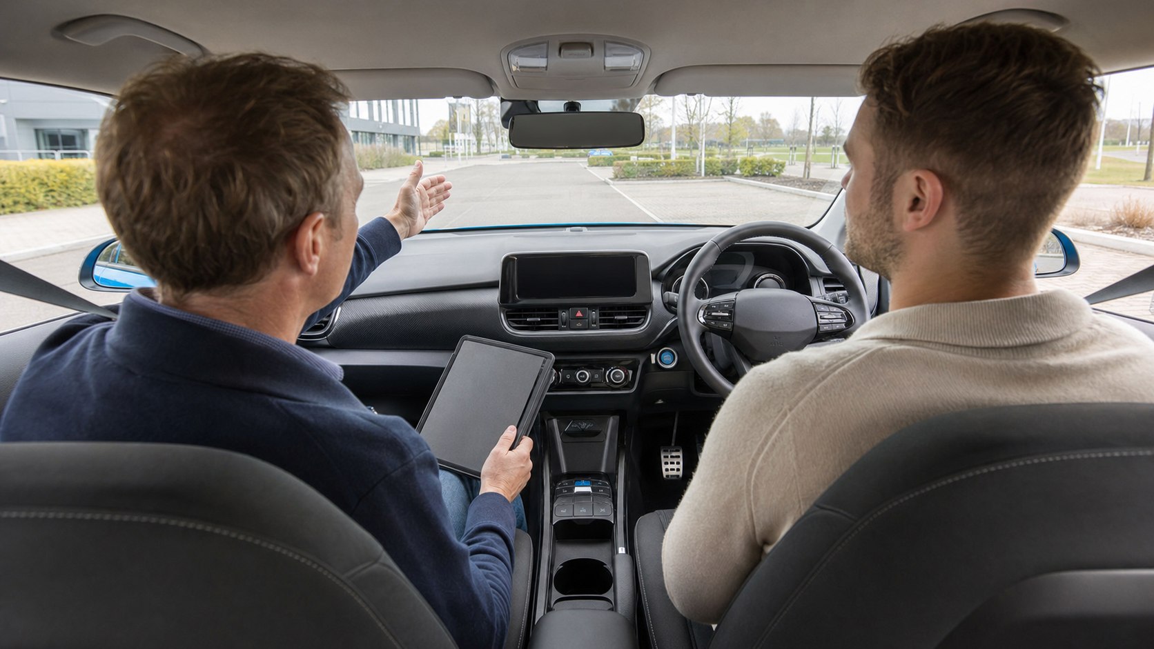 Driving instructor trainer coaching a prospective instructor inside a right-hand-drive car
