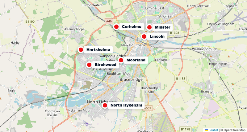 Map with labelled pins for Lincoln, Birchwood, Moorland, Hartsholme, Carholme, Minster and North Hykeham